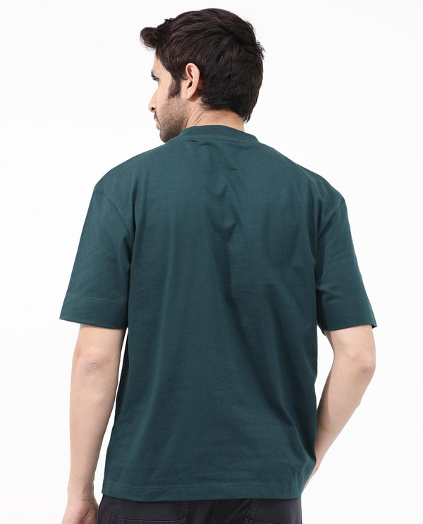 Rare Rabbit Articale Mens Tate Dark Teal Cotton Fabric Short Sleeve Crew Neck Oversized Fit Printed T-Shirt