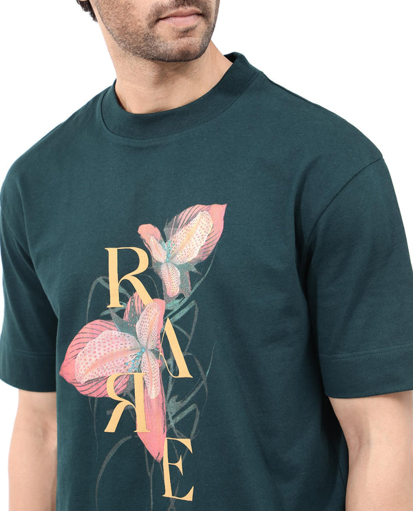 Rare Rabbit Articale Mens Tate Dark Teal Cotton Fabric Short Sleeve Crew Neck Oversized Fit Printed T-Shirt