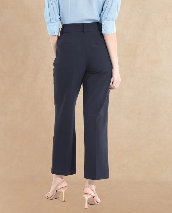 Rareism Women Tatsa Navy Button Closure Straight Fit Ankle Length Plain Trouser