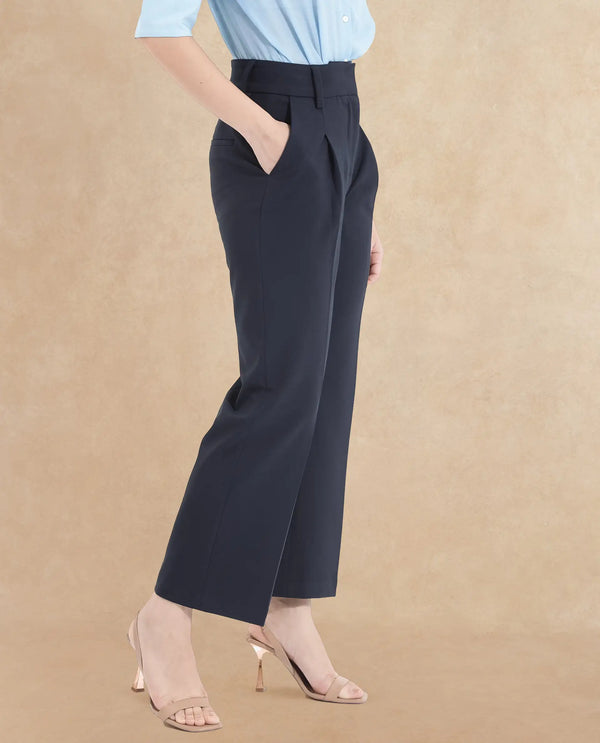 Rareism Women Tatsa Navy Button Closure Straight Fit Ankle Length Plain Trouser