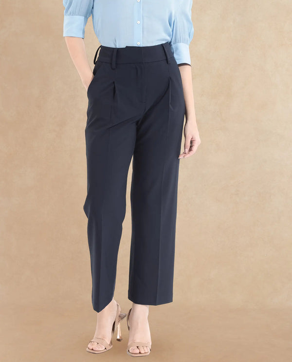 Rareism Women Tatsa Navy Button Closure Straight Fit Ankle Length Plain Trouser