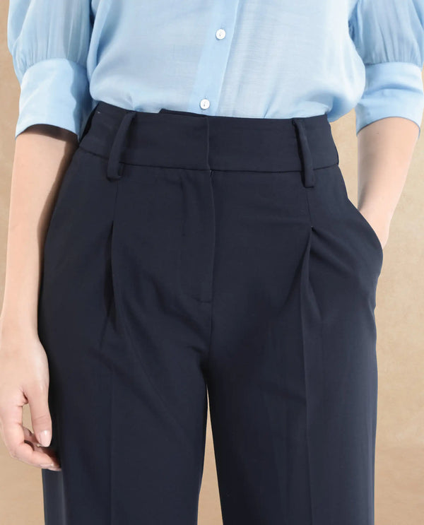 Rareism Women Tatsa Navy Button Closure Straight Fit Ankle Length Plain Trouser