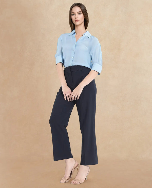 Rareism Women Tatsa Navy Button Closure Straight Fit Ankle Length Plain Trouser