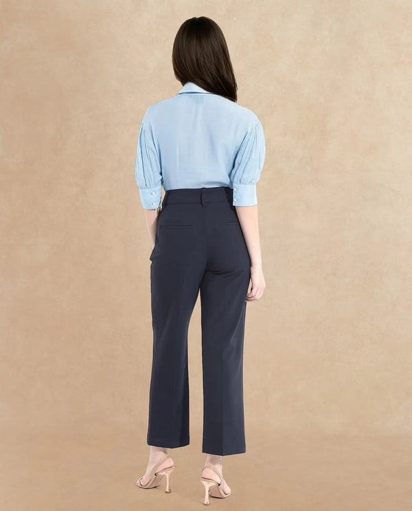 Rareism Women Tatsa Navy Button Closure Straight Fit Ankle Length Plain Trouser
