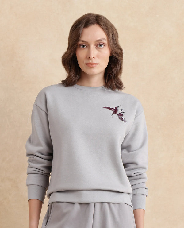 Rareism Women Taur Grey Cotton Blend Fabric Full Sleeve Crew Neck Relaxed Fit Graphic Print Sweatshirt