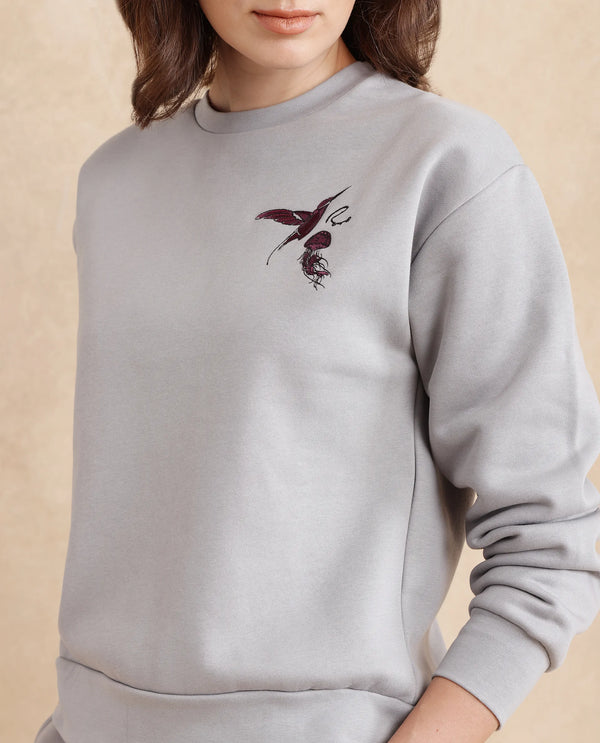 Rareism Women Taur Grey Cotton Blend Fabric Full Sleeve Crew Neck Relaxed Fit Graphic Print Sweatshirt