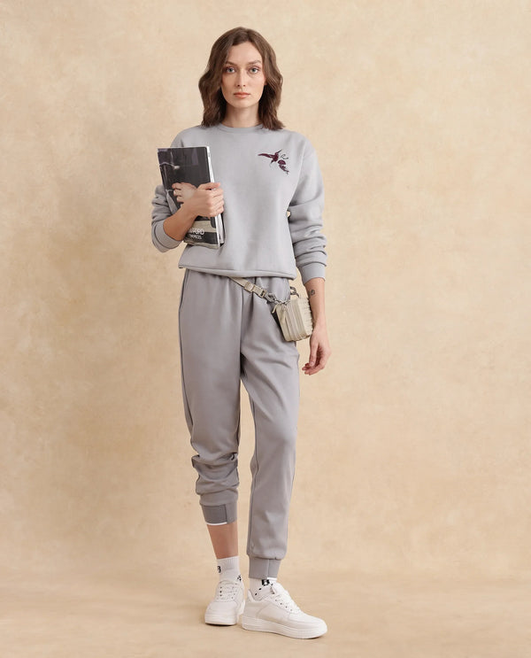 Rareism Women Taur Grey Cotton Blend Fabric Full Sleeve Crew Neck Relaxed Fit Graphic Print Sweatshirt