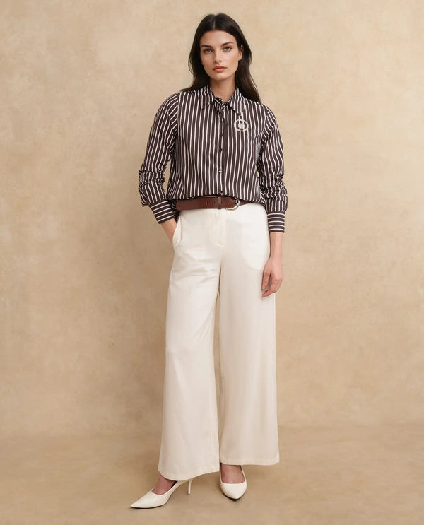 Rareism Women Teevee Brown Cuffed Sleeve Collared Neck Button Closure Narrow Stripes Shirt