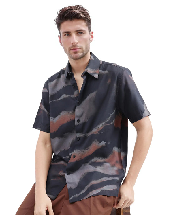 Rare Rabbit Men Tego Black Cotton Blend Fabric Short Sleeve Cuban Collared Abstract Print Shirt