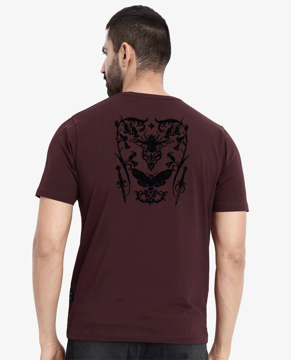 Rare Rabbit Men Tegor Maroon Cotton Lycra Fabric Short Sleeve Crew Neck Regular Fit Graphic Back Flock Print T-Shirt