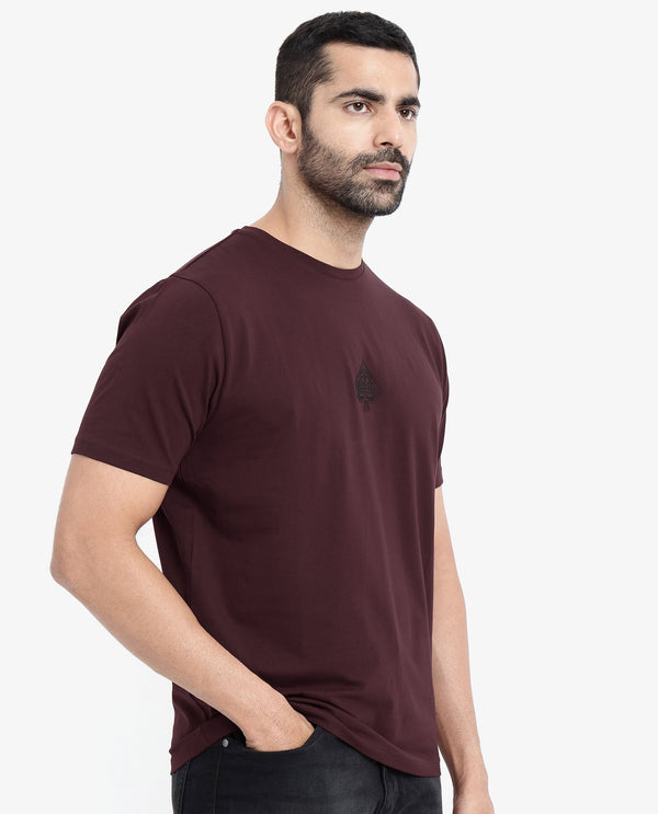 Rare Rabbit Men Tegor Maroon Cotton Lycra Fabric Short Sleeve Crew Neck Regular Fit Graphic Back Flock Print T-Shirt
