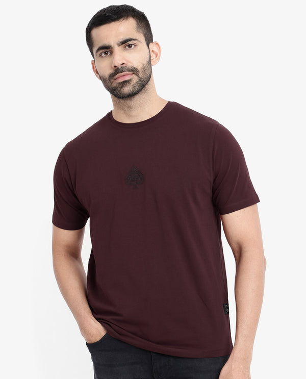 Rare Rabbit Men Tegor Maroon Cotton Lycra Fabric Short Sleeve Crew Neck Regular Fit Graphic Back Flock Print T-Shirt