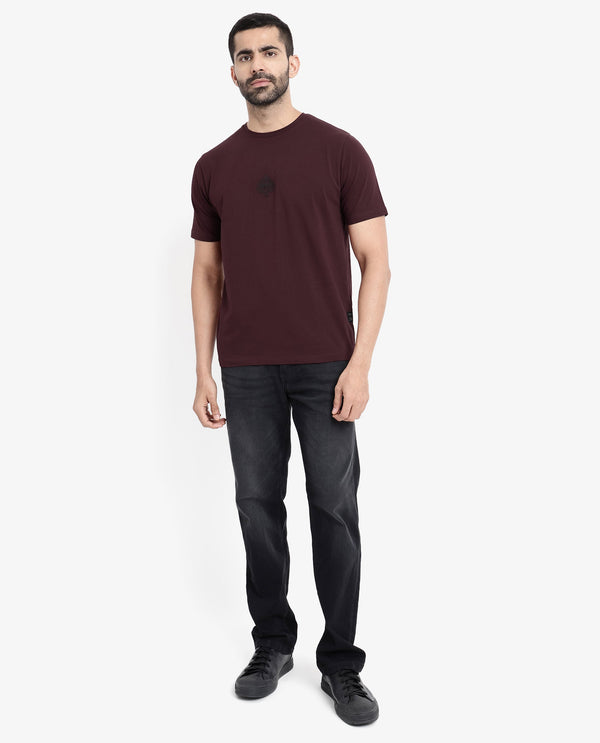 Rare Rabbit Men Tegor Maroon Cotton Lycra Fabric Short Sleeve Crew Neck Regular Fit Graphic Back Flock Print T-Shirt