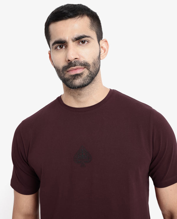 Rare Rabbit Men Tegor Maroon Cotton Lycra Fabric Short Sleeve Crew Neck Regular Fit Graphic Back Flock Print T-Shirt