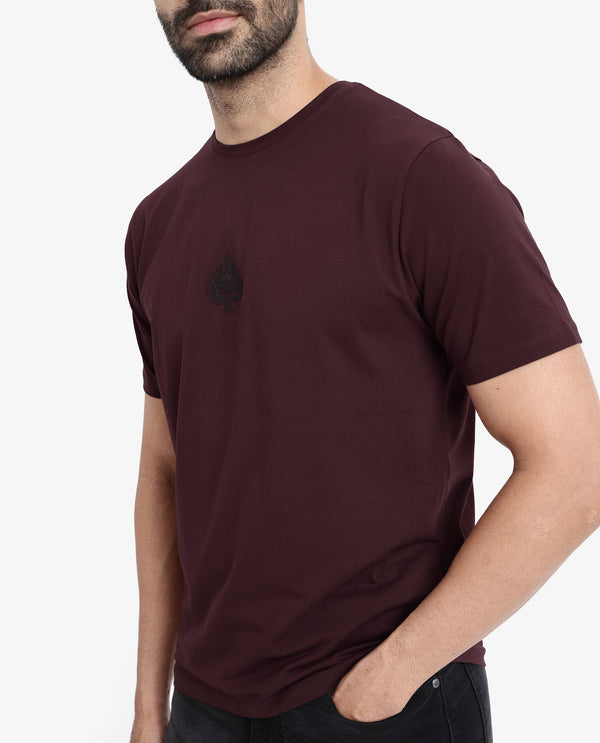 Rare Rabbit Men Tegor Maroon Cotton Lycra Fabric Short Sleeve Crew Neck Regular Fit Graphic Back Flock Print T-Shirt