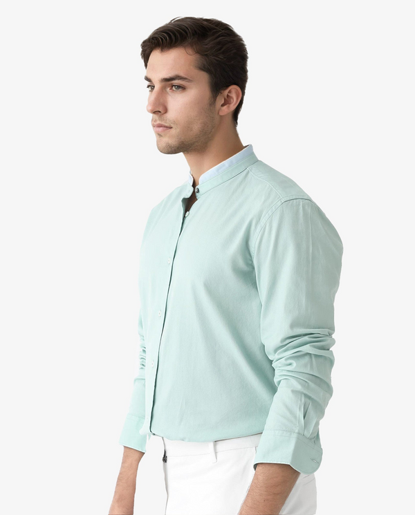 Rare Rabbit Men's Tehran Light Green Mandarin Collar Full Sleeves Solid Shirt
