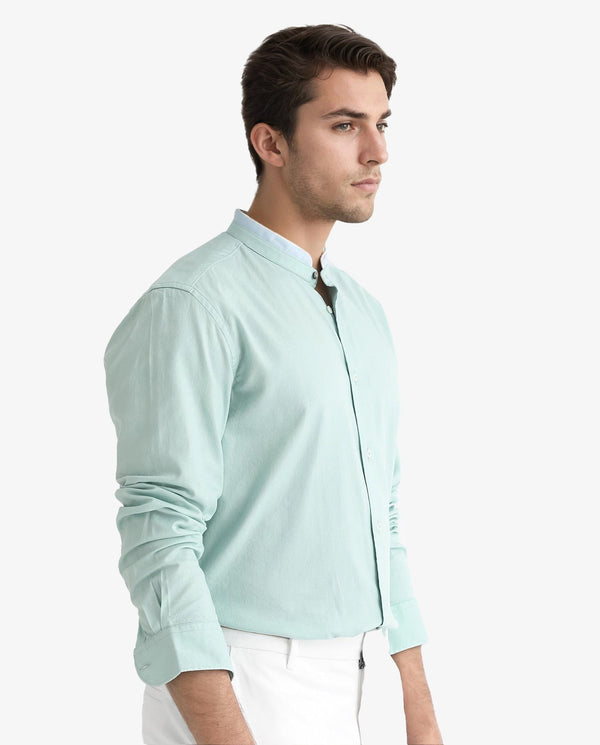 Rare Rabbit Men's Tehran Light Green Mandarin Collar Full Sleeves Solid Shirt