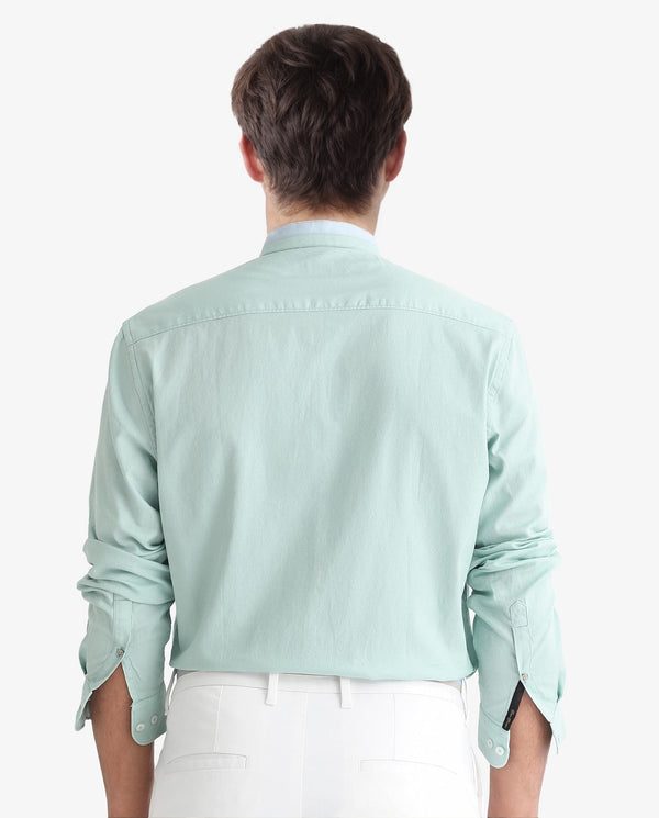 Rare Rabbit Men's Tehran Light Green Mandarin Collar Full Sleeves Solid Shirt
