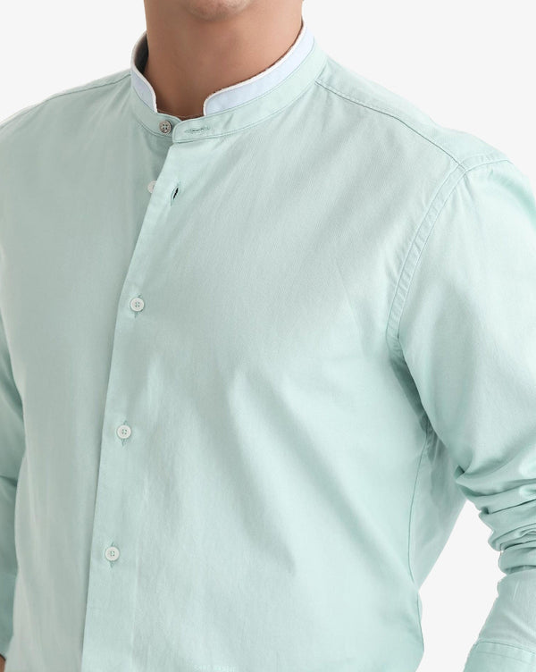 Rare Rabbit Men's Tehran Light Green Mandarin Collar Full Sleeves Solid Shirt