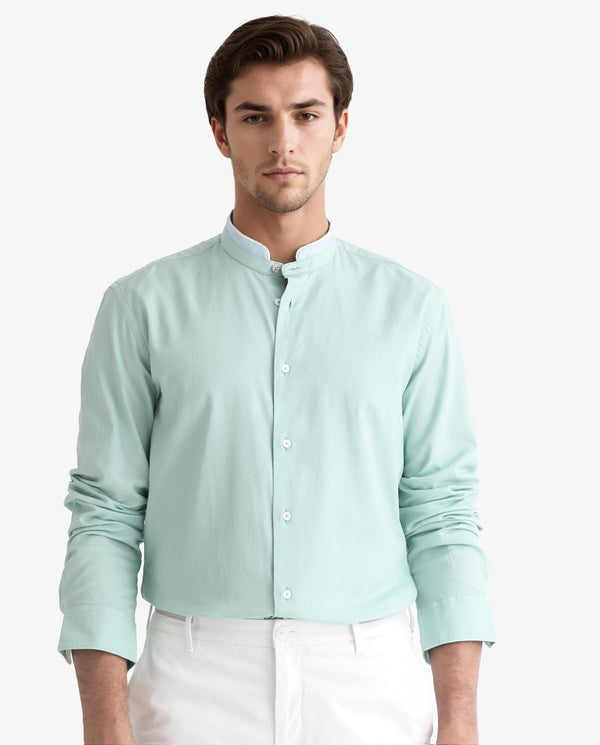 Rare Rabbit Men's Tehran Light Green Mandarin Collar Full Sleeves Solid Shirt