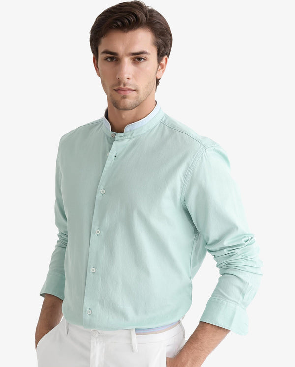 Rare Rabbit Men's Tehran Light Green Mandarin Collar Full Sleeves Solid Shirt