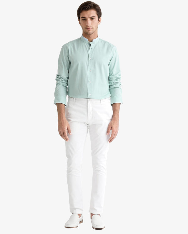 Rare Rabbit Men's Tehran Light Green Mandarin Collar Full Sleeves Solid Shirt