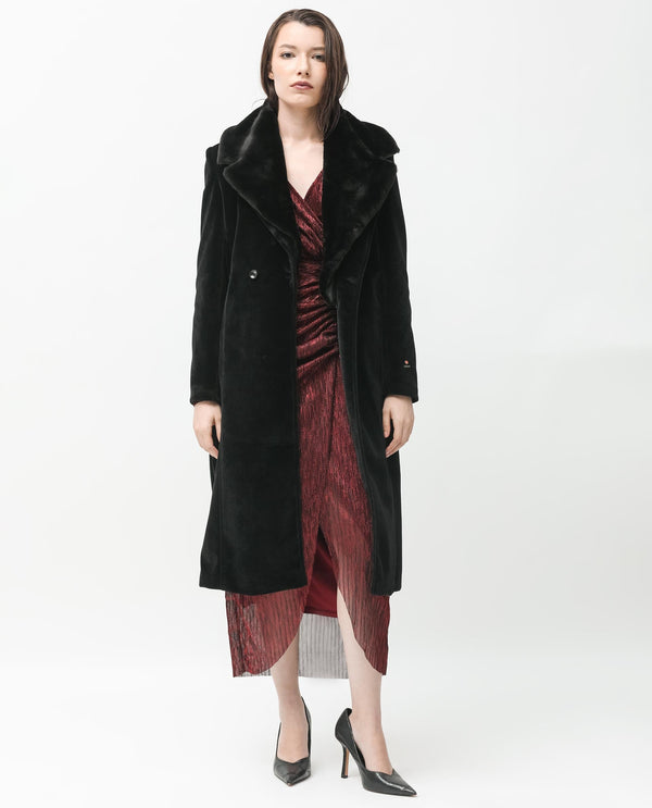 Rareism Women Teich Black Polyester Fabric Full Sleeves Button Closure Lapel Neck Regular Fit Plain Knee Length Jacket