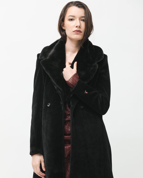 Rareism Women Teich Black Polyester Fabric Full Sleeves Button Closure Lapel Neck Regular Fit Plain Knee Length Jacket