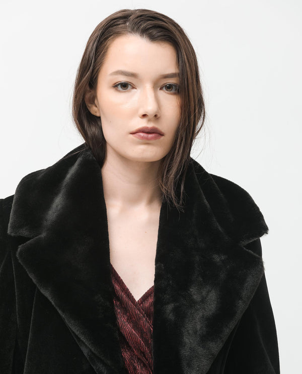 Rareism Women Teich Black Polyester Fabric Full Sleeves Button Closure Lapel Neck Regular Fit Plain Knee Length Jacket