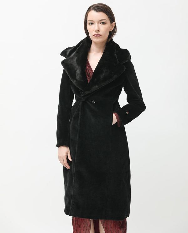Rareism Women Teich Black Polyester Fabric Full Sleeves Button Closure Lapel Neck Regular Fit Plain Knee Length Jacket