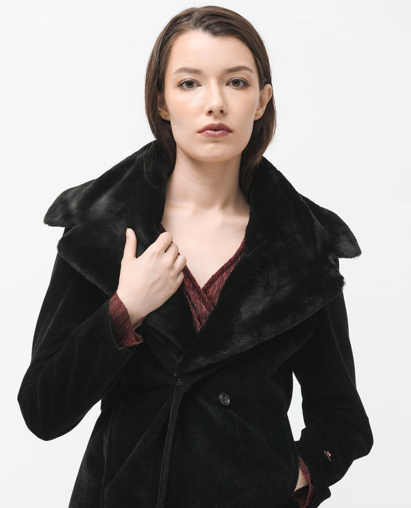 Rareism Women Teich Black Polyester Fabric Full Sleeves Button Closure Lapel Neck Regular Fit Plain Knee Length Jacket
