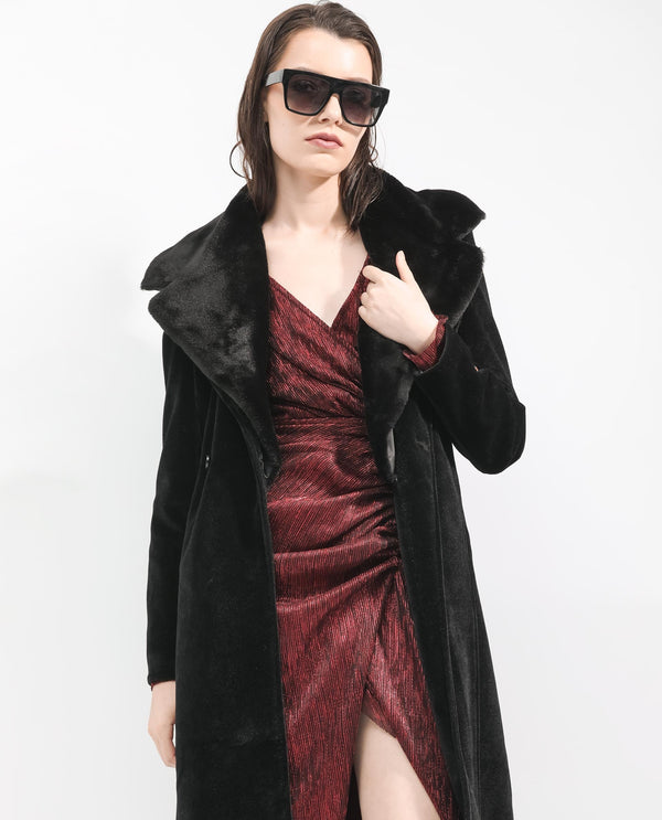 Rareism Women Teich Black Polyester Fabric Full Sleeves Button Closure Lapel Neck Regular Fit Plain Knee Length Jacket