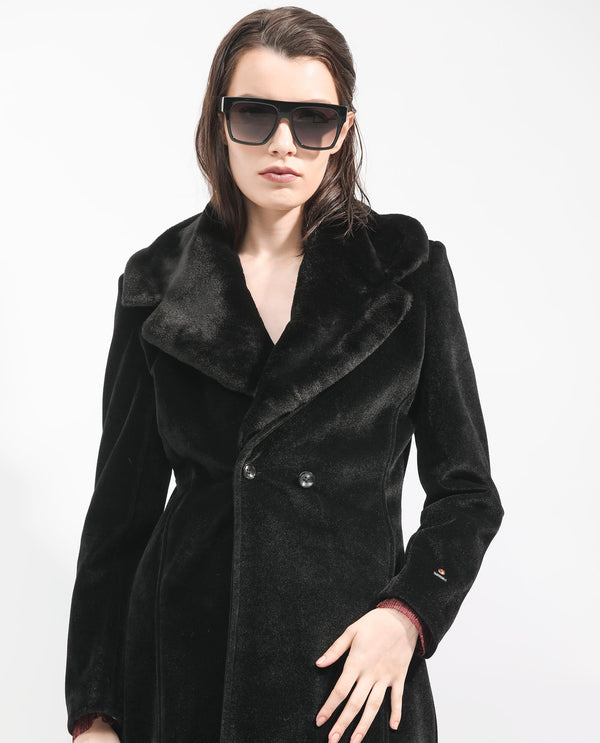 Rareism Women Teich Black Polyester Fabric Full Sleeves Button Closure Lapel Neck Regular Fit Plain Knee Length Jacket