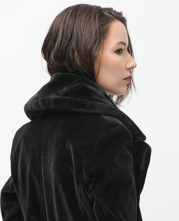 Rareism Women Teich Black Polyester Fabric Full Sleeves Button Closure Lapel Neck Regular Fit Plain Knee Length Jacket