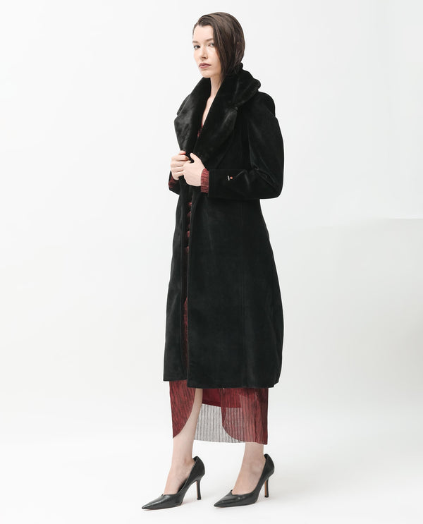 Rareism Women Teich Black Polyester Fabric Full Sleeves Button Closure Lapel Neck Regular Fit Plain Knee Length Jacket
