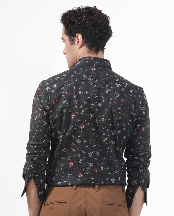 Rare Rabbit Men's Teleuxx Black Cotton Fabric Floral Print Full Sleeves Shirt