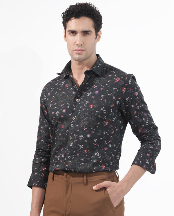 Rare Rabbit Men's Teleuxx Black Cotton Fabric Floral Print Full Sleeves Shirt