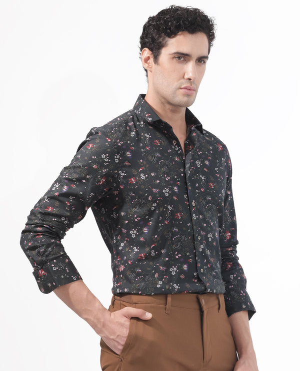 Rare Rabbit Men's Teleuxx Black Cotton Fabric Floral Print Full Sleeves Shirt