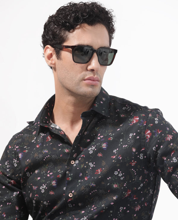 Rare Rabbit Men's Teleuxx Black Cotton Fabric Floral Print Full Sleeves Shirt