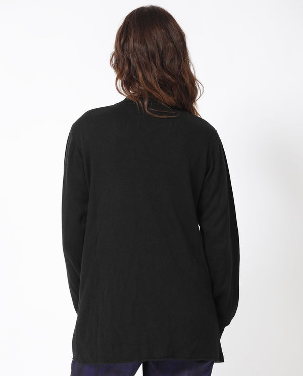 Rareism Women Telkon Black Viscose Fabric Full Sleeves Regular Fit Solid Shirt Collar Sweater