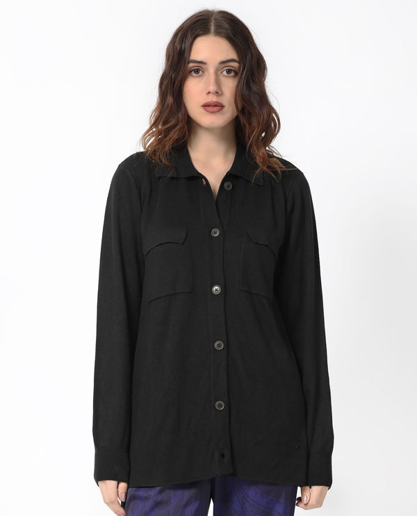 Rareism Women Telkon Black Viscose Fabric Full Sleeves Regular Fit Solid Shirt Collar Sweater