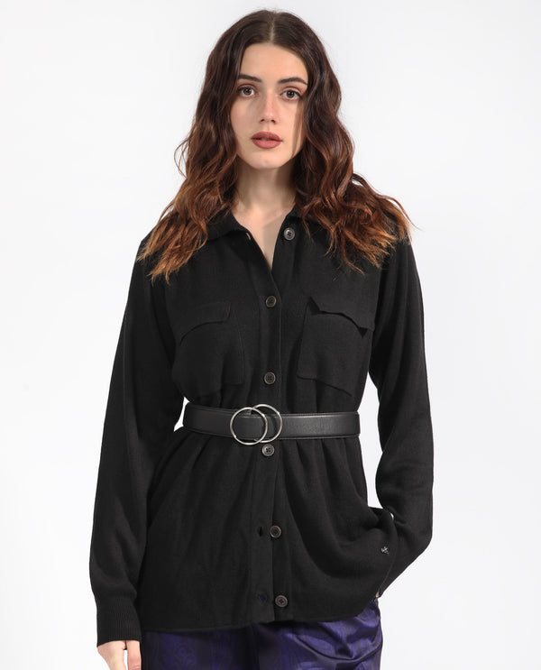 Rareism Women Telkon Black Viscose Fabric Full Sleeves Regular Fit Solid Shirt Collar Sweater