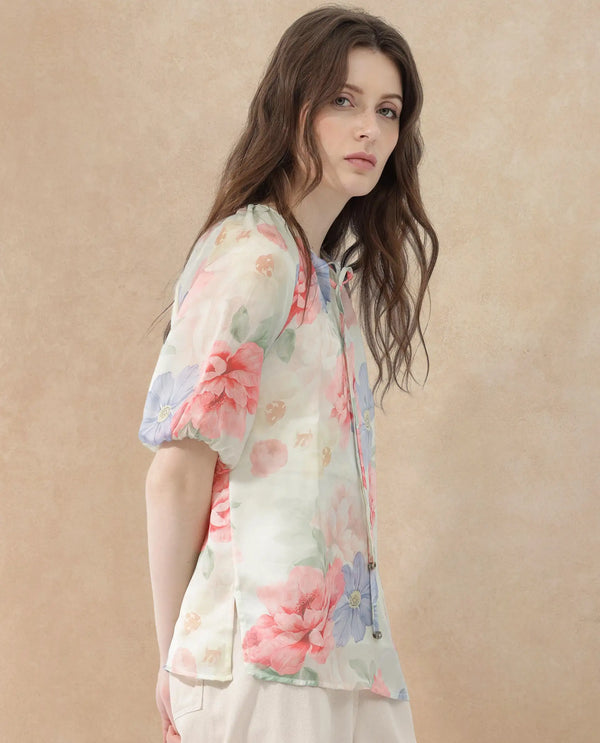 Rareism Women Tella Light Green Cotton Fabric 3/4Th Sleeves Tie-Up Closure Tie-Up Neck Raglan Sleeve Relaxed Fit Floral Print Top