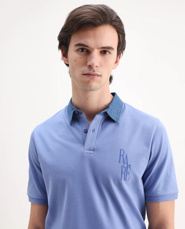 Rare Rabbit Men Tem Blue Short Sleeve Collared Neck Button Closure Plain Polo
