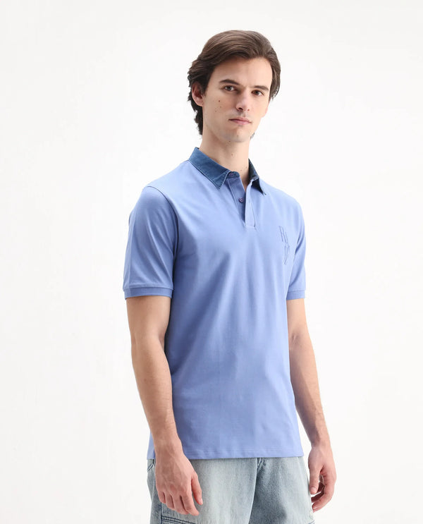 Rare Rabbit Men Tem Blue Short Sleeve Collared Neck Button Closure Plain Polo