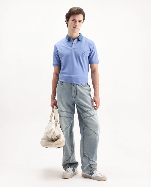 Rare Rabbit Men Tem Blue Short Sleeve Collared Neck Button Closure Plain Polo