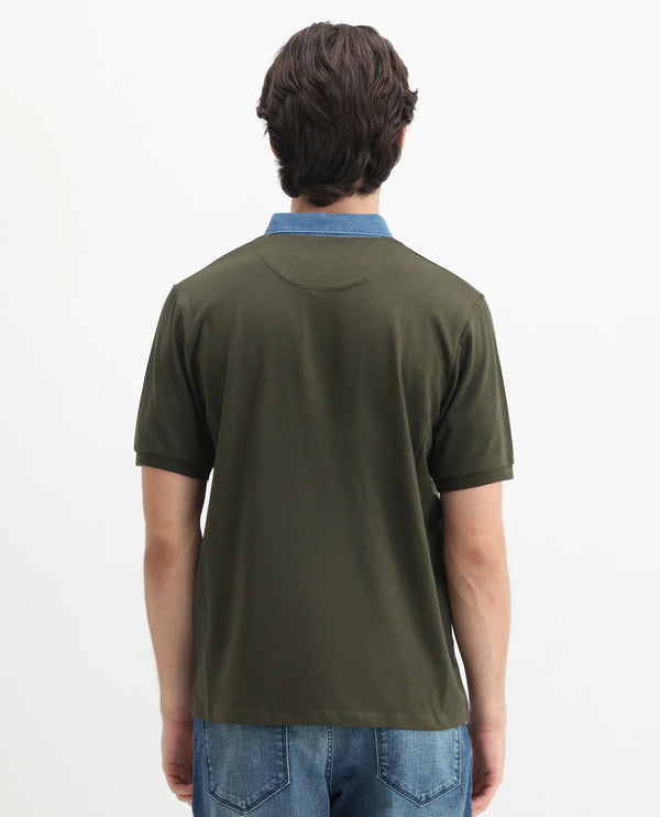 Rare Rabbit Men Tem Dark Olive Short Sleeve Collared Neck Button Closure Plain Polo