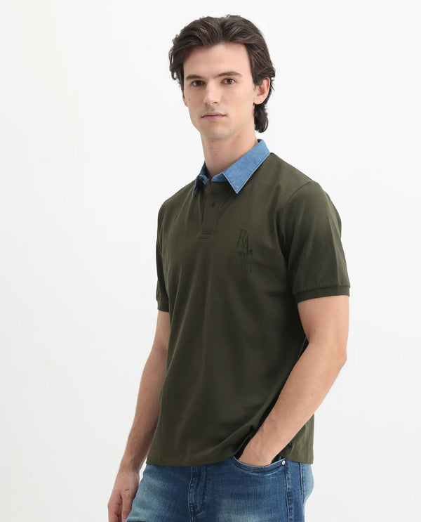 Rare Rabbit Men Tem Dark Olive Short Sleeve Collared Neck Button Closure Plain Polo