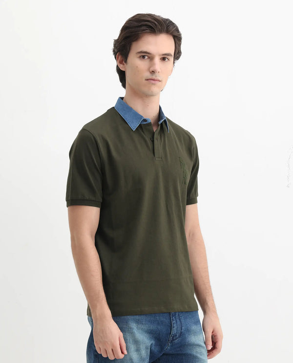 Rare Rabbit Men Tem Dark Olive Short Sleeve Collared Neck Button Closure Plain Polo