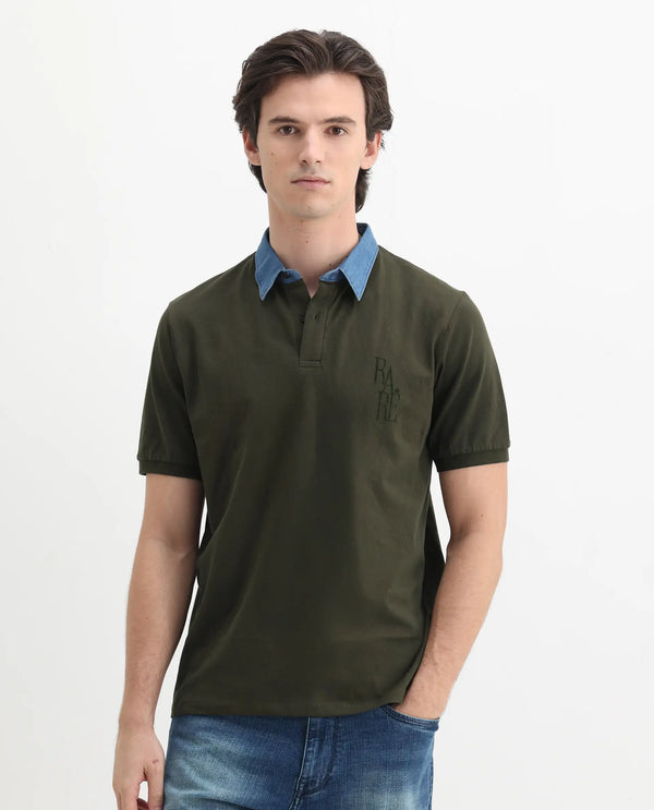 Rare Rabbit Men Tem Dark Olive Short Sleeve Collared Neck Button Closure Plain Polo